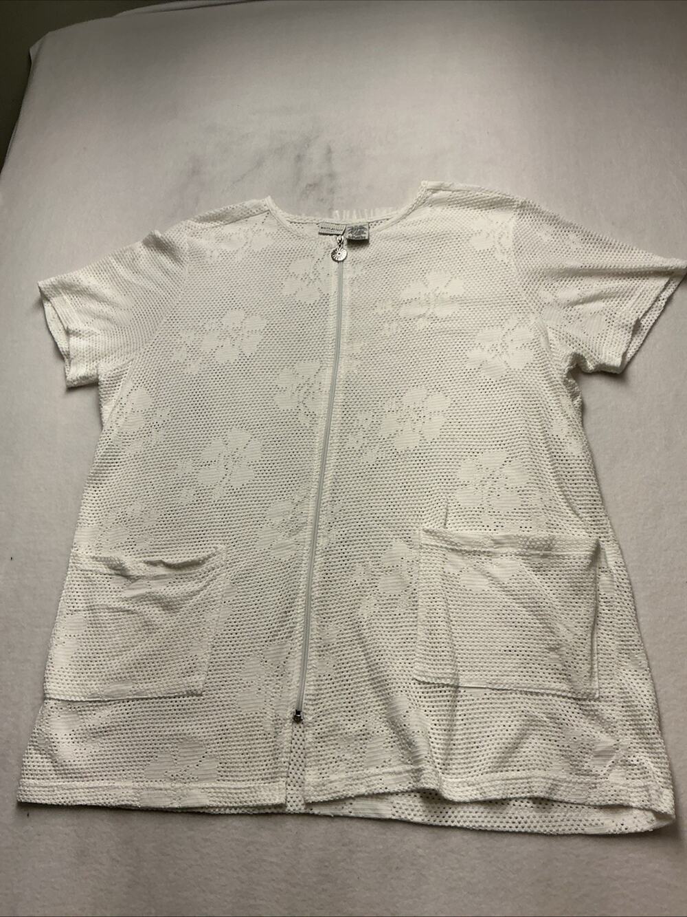 White Stag Womens White Quilted Zip Front Short Sleeve Robe Pockets Sz2X, 3825